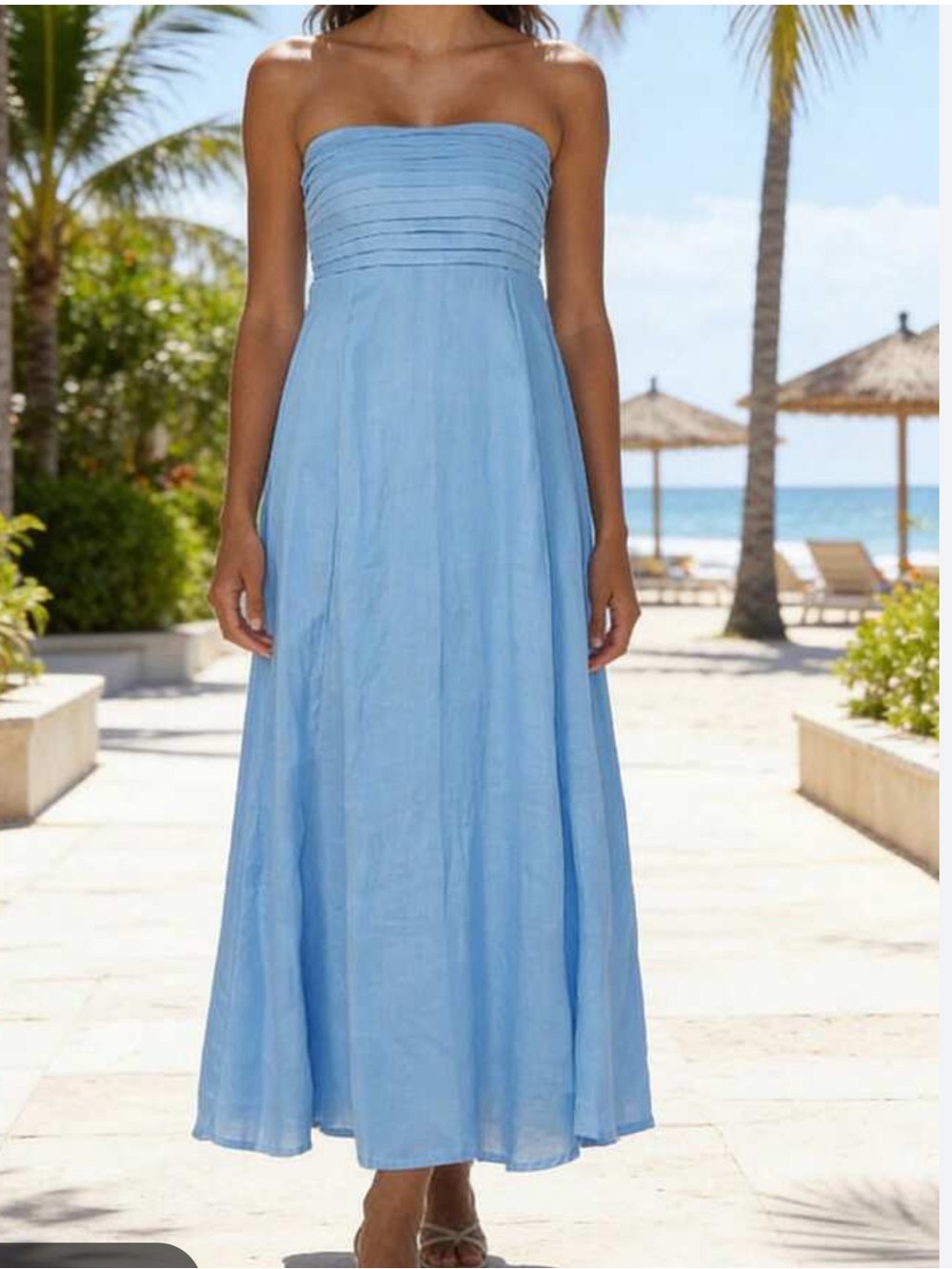 Caroline Constas 🔥 Linen Blend Pintuck Strapless Midi A-line
